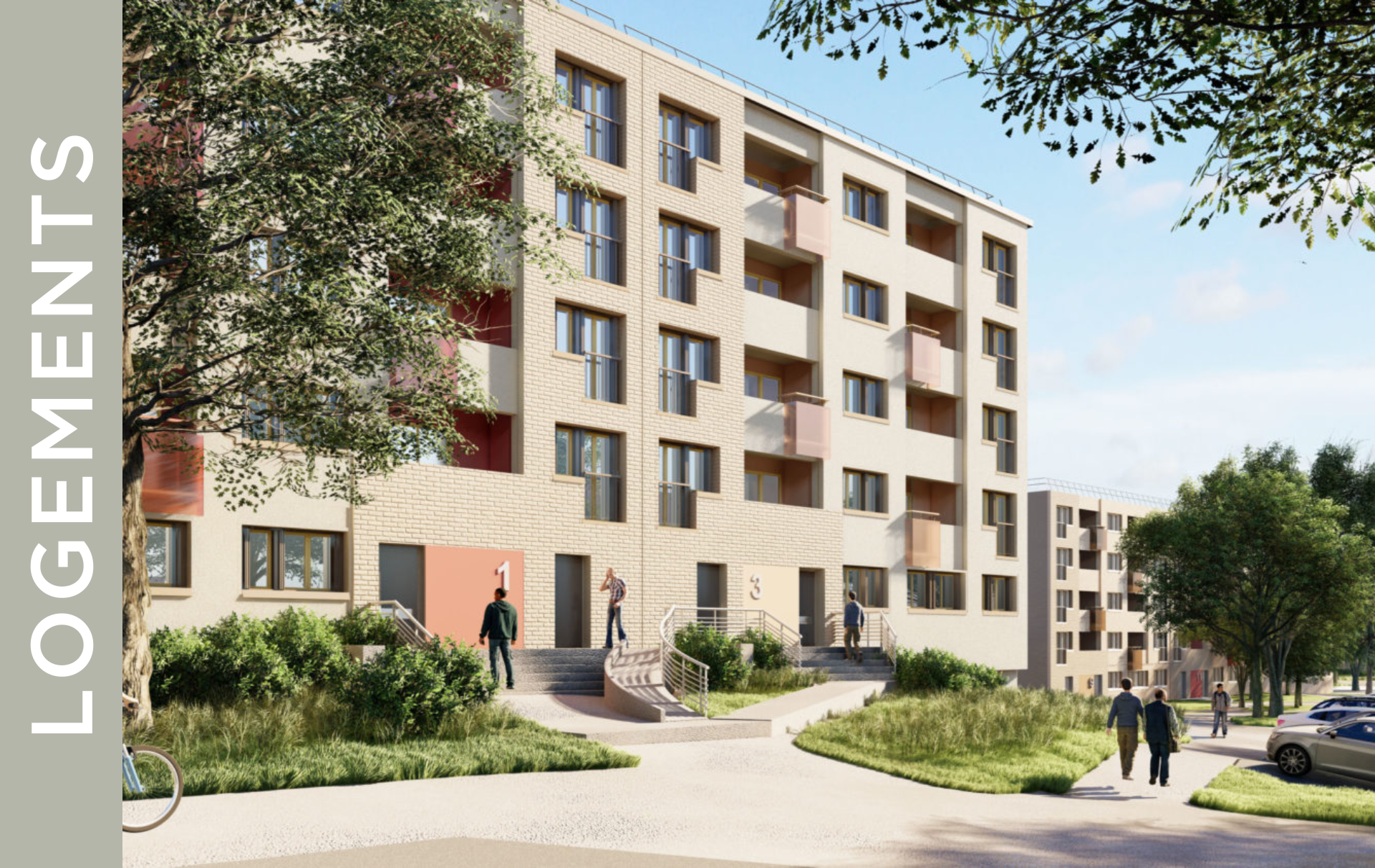 Un immeuble d'appartements moderne avec une façade propre et beige et de nombreux balcons. Des gens marchent le long du trottoir et sur les marches. Des arbres et de la verdure entourent le bâtiment. Le texte "LOGEMENTS" se trouve sur le côté gauche.