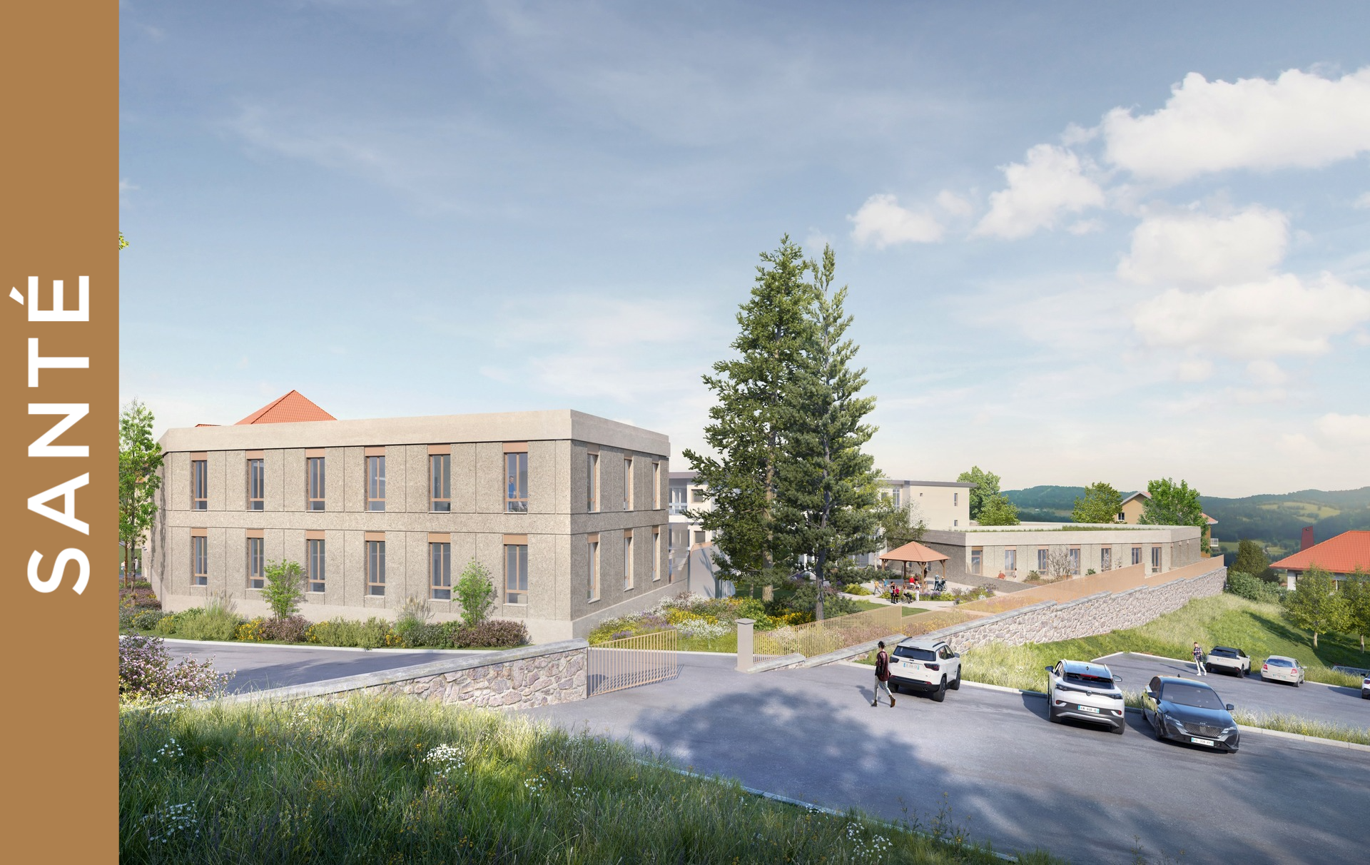 Un bâtiment de santé moderne de deux étages, entouré de verdure et de voitures garées le long de la rue. Des personnes marchent près de l'entrée. Le mot "SANTÉ" apparaît verticalement sur une bande brune à gauche.